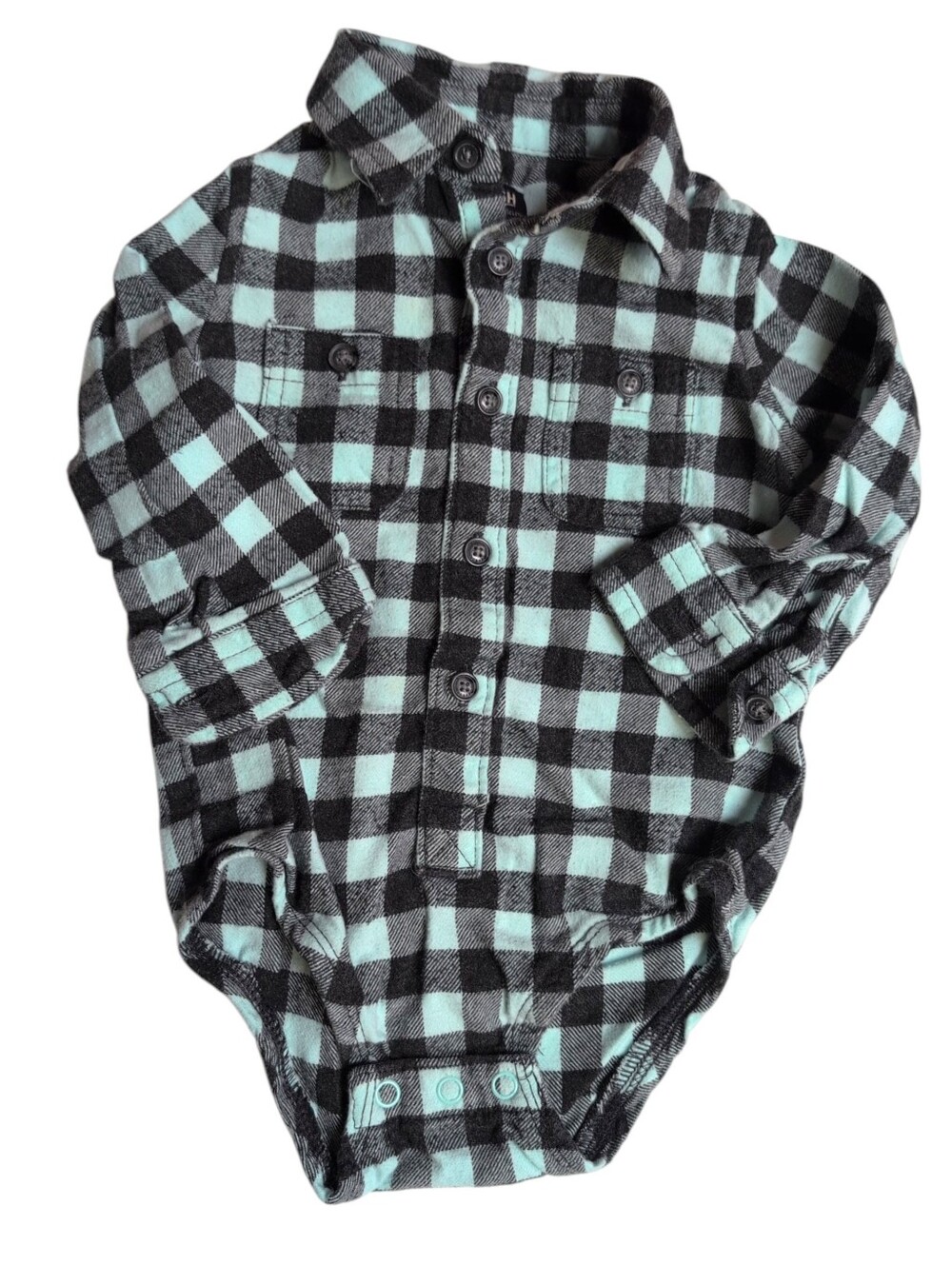 OSHKOSH Light Blue And Black Flannel Long Sleeve Onesie